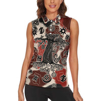 Sacred Heritage Women Sleeveless Polo Shirt African Abstract Baobab Tree, Ethnic Symbols, and Red-Black Pattern - Wonder Print Shop