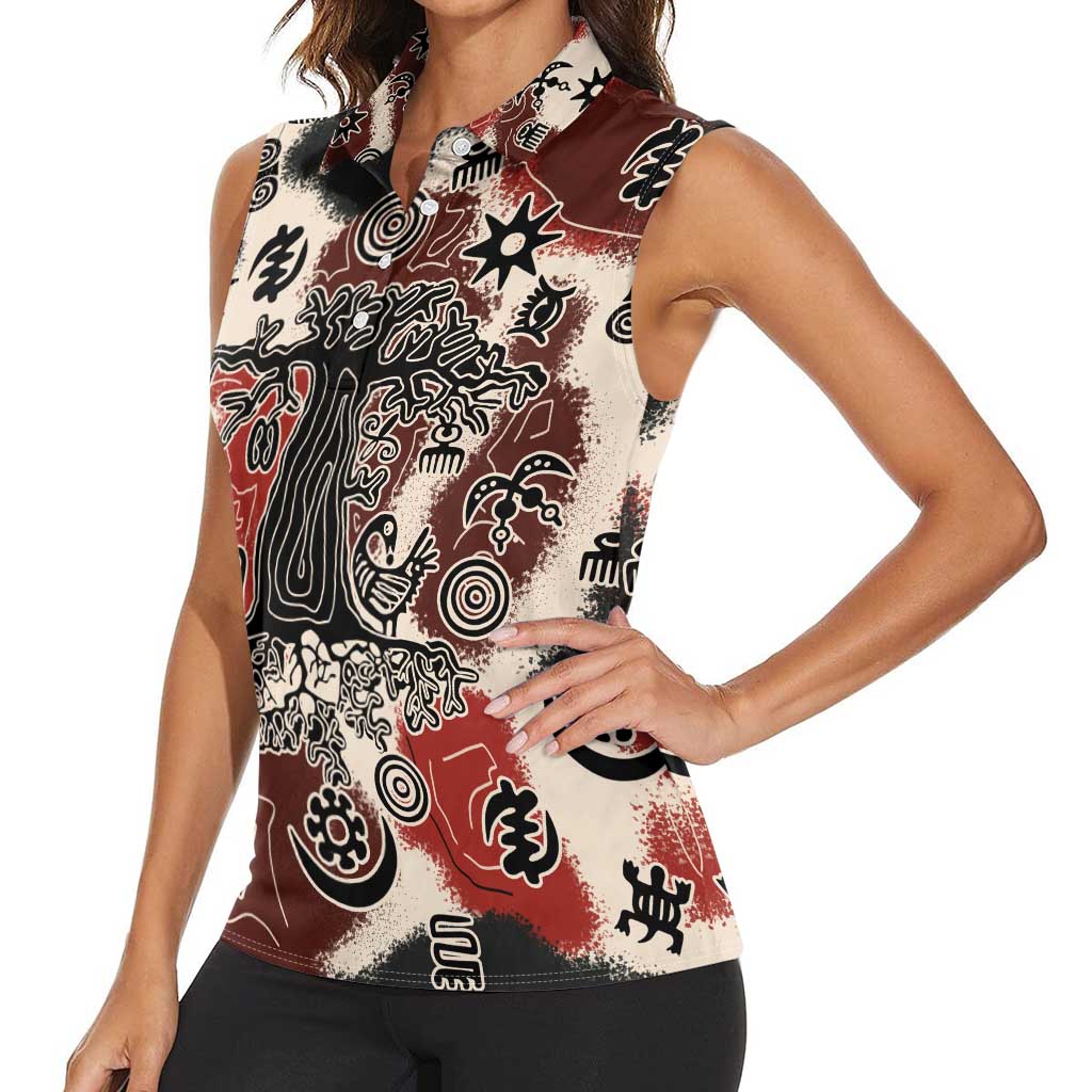 Sacred Heritage Women Sleeveless Polo Shirt African Abstract Baobab Tree, Ethnic Symbols, and Red-Black Pattern - Wonder Print Shop