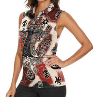 Sacred Heritage Women Sleeveless Polo Shirt African Abstract Baobab Tree, Ethnic Symbols, and Red-Black Pattern - Wonder Print Shop