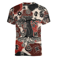 Sacred Heritage Women V-Neck T-Shirt African Abstract Baobab Tree, Ethnic Symbols, and Red-Black Pattern - Wonder Print Shop