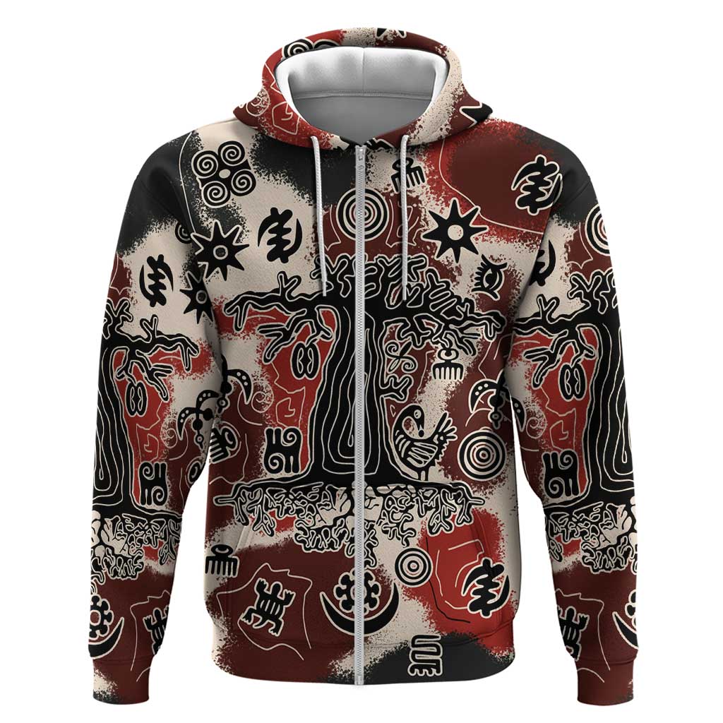 Sacred Heritage Zip Hoodie African Abstract Baobab Tree, Ethnic Symbols, and Red-Black Pattern - Wonder Print Shop