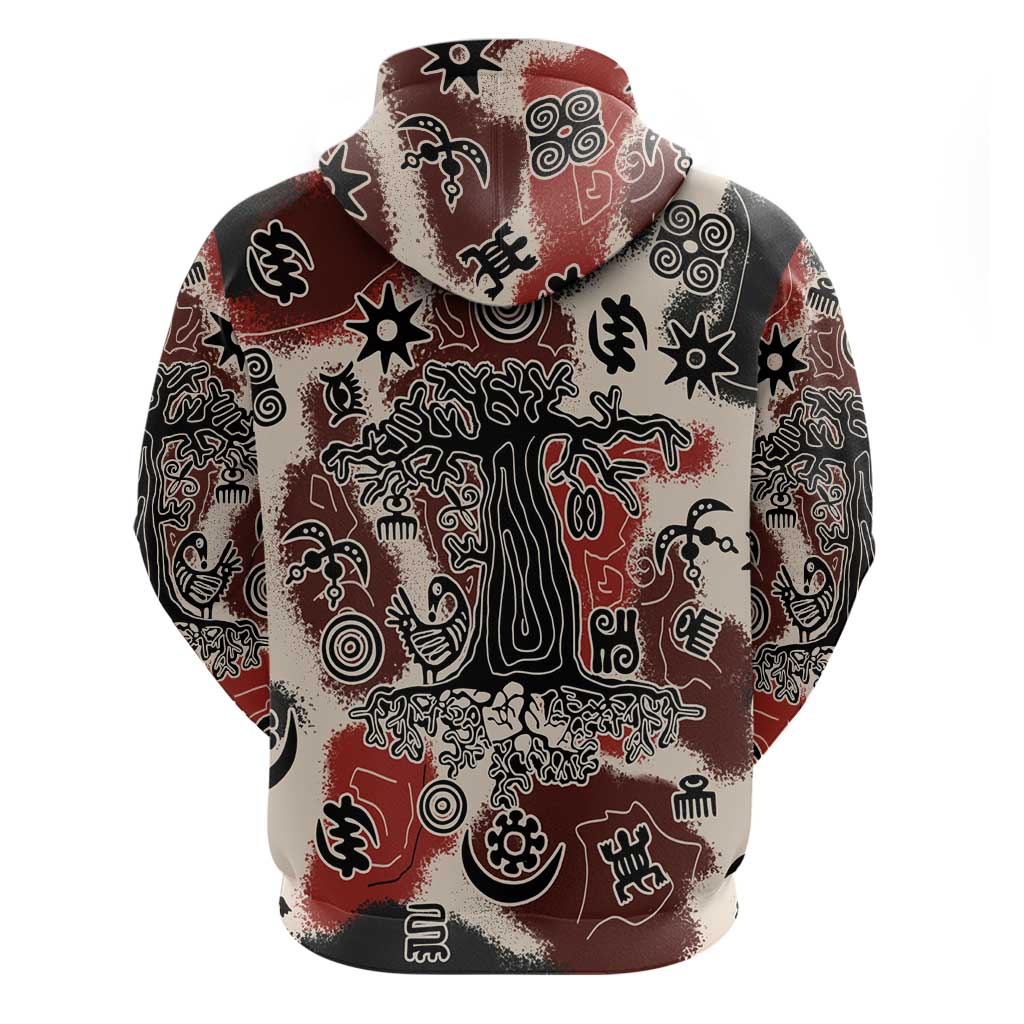 Sacred Heritage Zip Hoodie African Abstract Baobab Tree, Ethnic Symbols, and Red-Black Pattern - Wonder Print Shop
