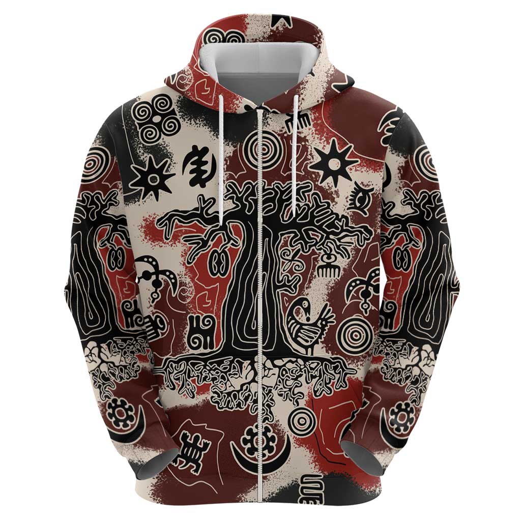 Sacred Heritage Zip Hoodie African Abstract Baobab Tree, Ethnic Symbols, and Red-Black Pattern - Wonder Print Shop