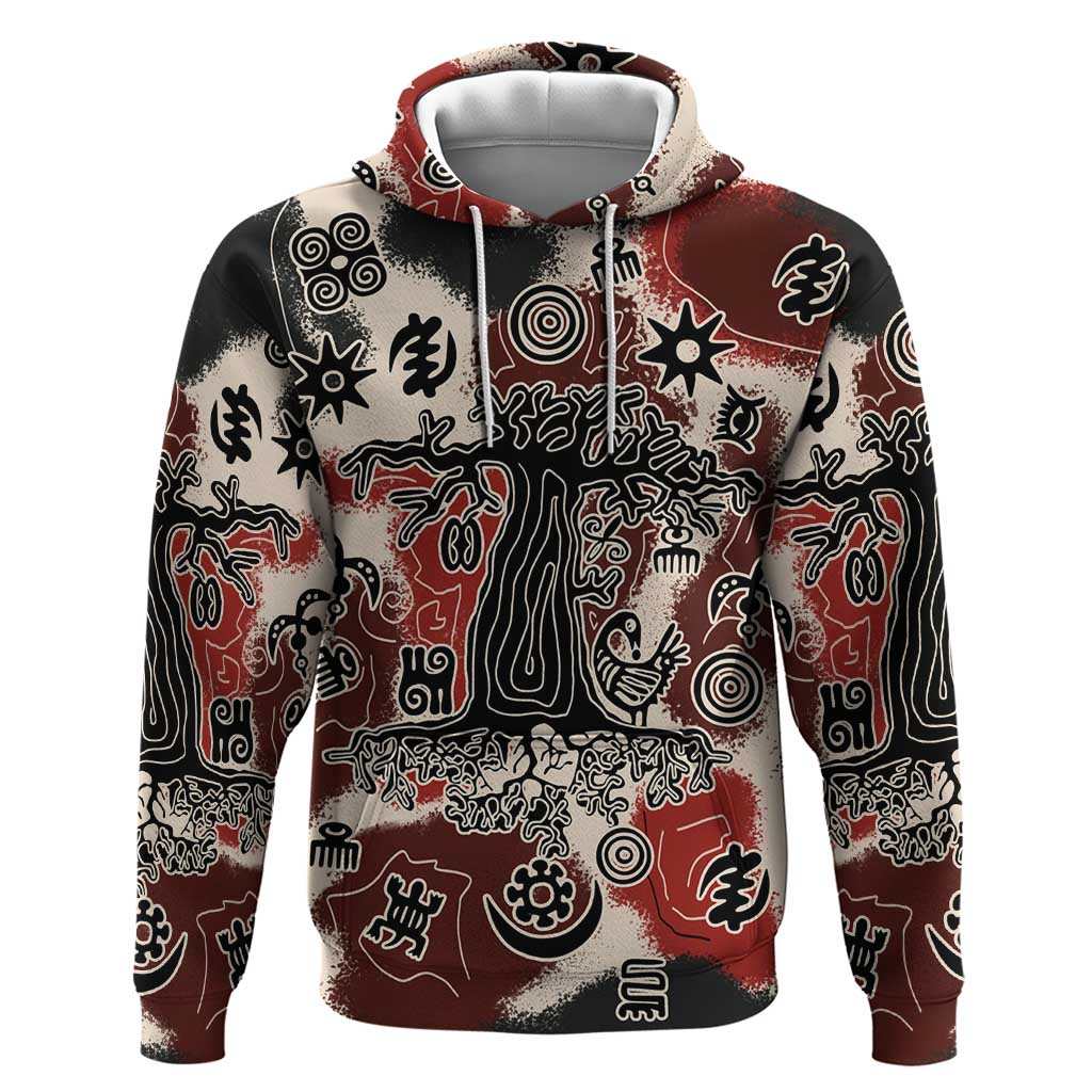 Sacred Heritage Zip Hoodie African Abstract Baobab Tree, Ethnic Symbols, and Red-Black Pattern - Wonder Print Shop