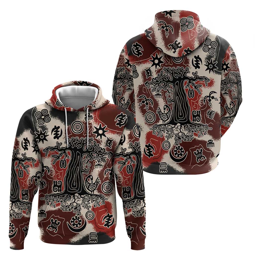 Sacred Heritage Zip Hoodie African Abstract Baobab Tree, Ethnic Symbols, and Red-Black Pattern - Wonder Print Shop