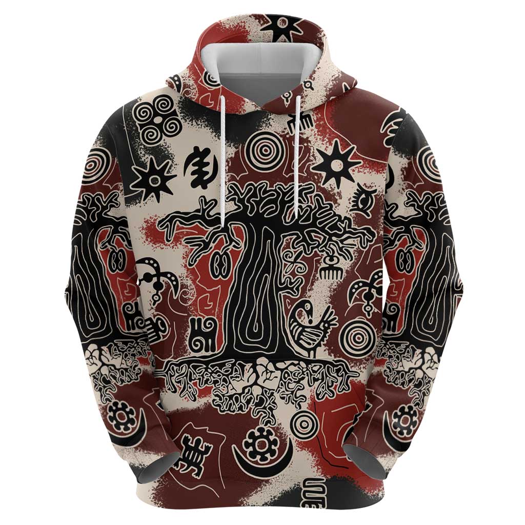 Sacred Heritage Zip Hoodie African Abstract Baobab Tree, Ethnic Symbols, and Red-Black Pattern - Wonder Print Shop