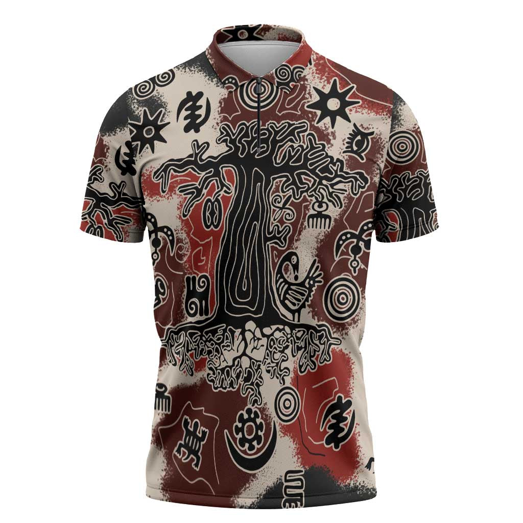 Sacred Heritage Zipper Polo Shirt African Abstract Baobab Tree, Ethnic Symbols, and Red-Black Pattern - Wonder Print Shop