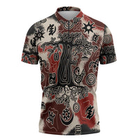 Sacred Heritage Zipper Polo Shirt African Abstract Baobab Tree, Ethnic Symbols, and Red-Black Pattern - Wonder Print Shop