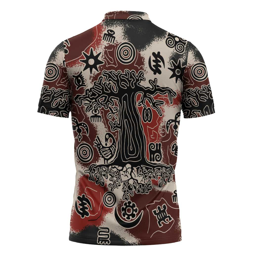 Sacred Heritage Zipper Polo Shirt African Abstract Baobab Tree, Ethnic Symbols, and Red-Black Pattern - Wonder Print Shop