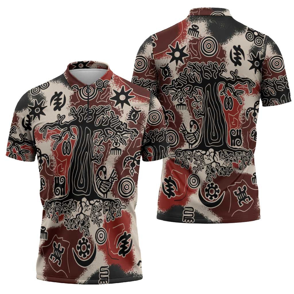 Sacred Heritage Zipper Polo Shirt African Abstract Baobab Tree, Ethnic Symbols, and Red-Black Pattern - Wonder Print Shop