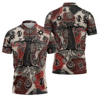 Sacred Heritage Zipper Polo Shirt African Abstract Baobab Tree, Ethnic Symbols, and Red-Black Pattern - Wonder Print Shop