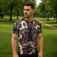 Sacred Heritage Zipper Polo Shirt African Abstract Baobab Tree, Ethnic Symbols, and Red-Black Pattern - Wonder Print Shop