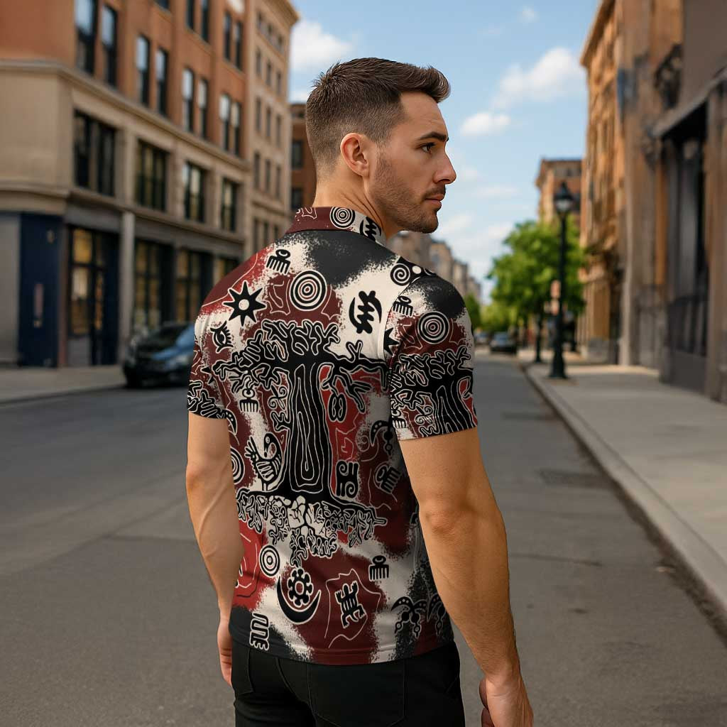 Sacred Heritage Zipper Polo Shirt African Abstract Baobab Tree, Ethnic Symbols, and Red-Black Pattern - Wonder Print Shop
