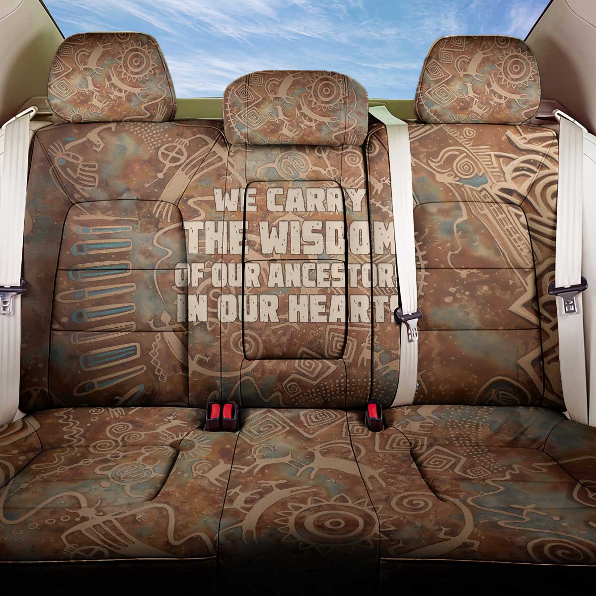 We Carry The Wisdom Back Car Seat Cover African Ancient Symbols, Earthy Tones, and Ancestral Wisdom Quote - Wonder Print Shop