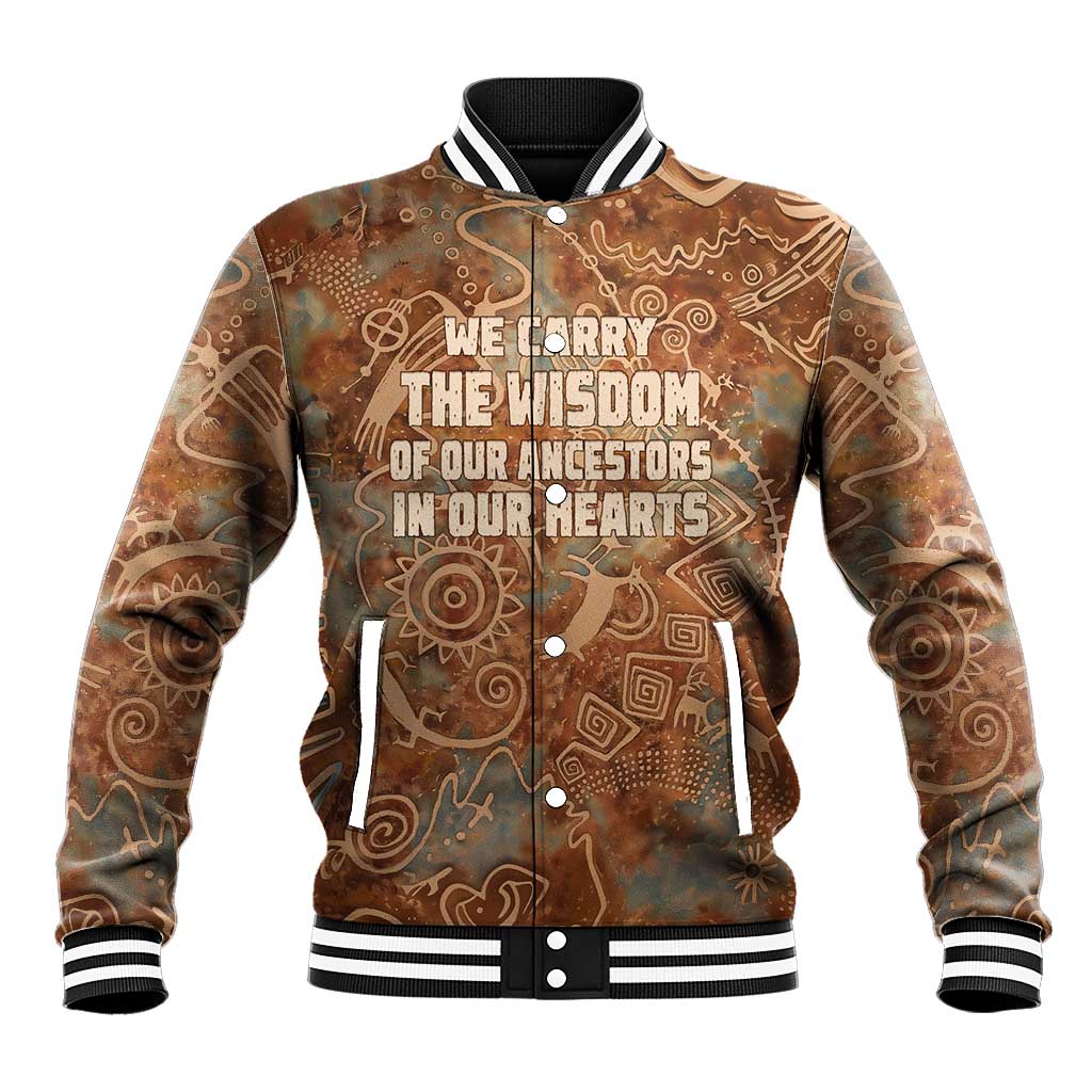 We Carry The Wisdom Baseball Jacket African Ancient Symbols, Earthy Tones, and Ancestral Wisdom Quote - Wonder Print Shop