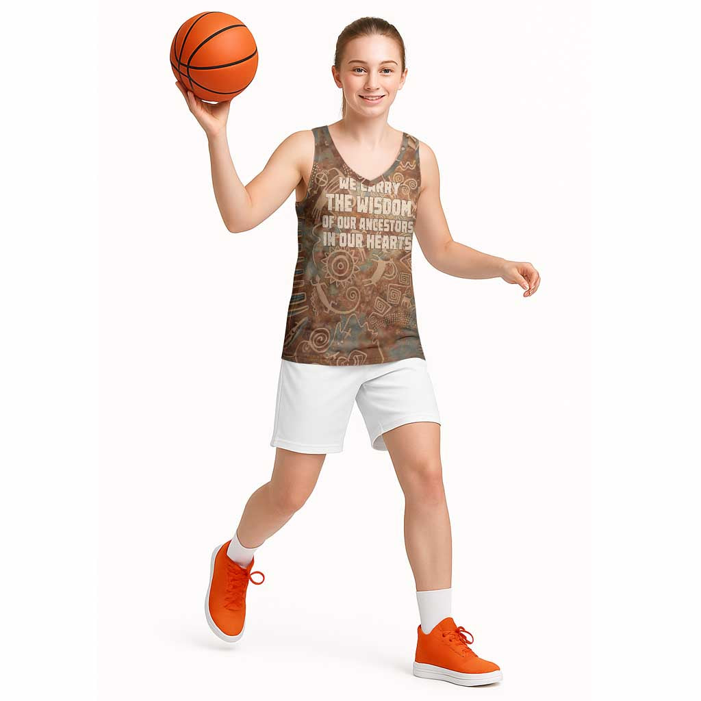 We Carry The Wisdom Basketball Jersey African Ancient Symbols, Earthy Tones, and Ancestral Wisdom Quote - Wonder Print Shop