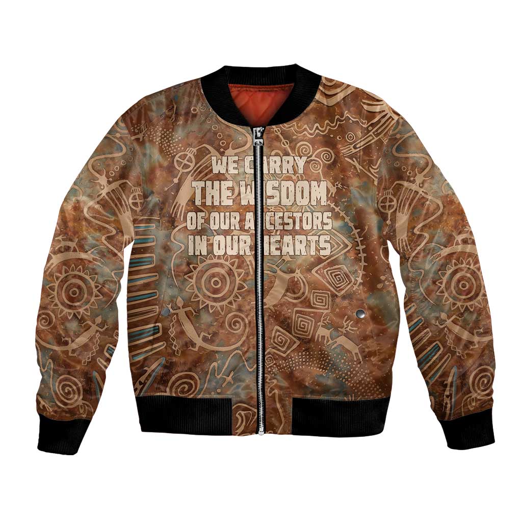 We Carry The Wisdom Bomber Jacket African Ancient Symbols, Earthy Tones, and Ancestral Wisdom Quote - Wonder Print Shop