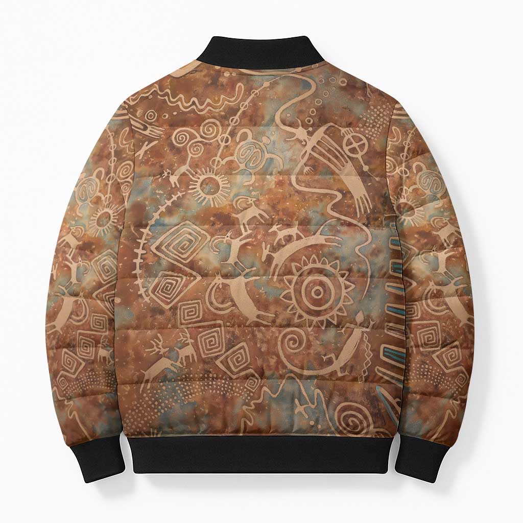 We Carry The Wisdom Bomber Puffer Jacket African Ancient Symbols, Earthy Tones, and Ancestral Wisdom Quote - Wonder Print Shop