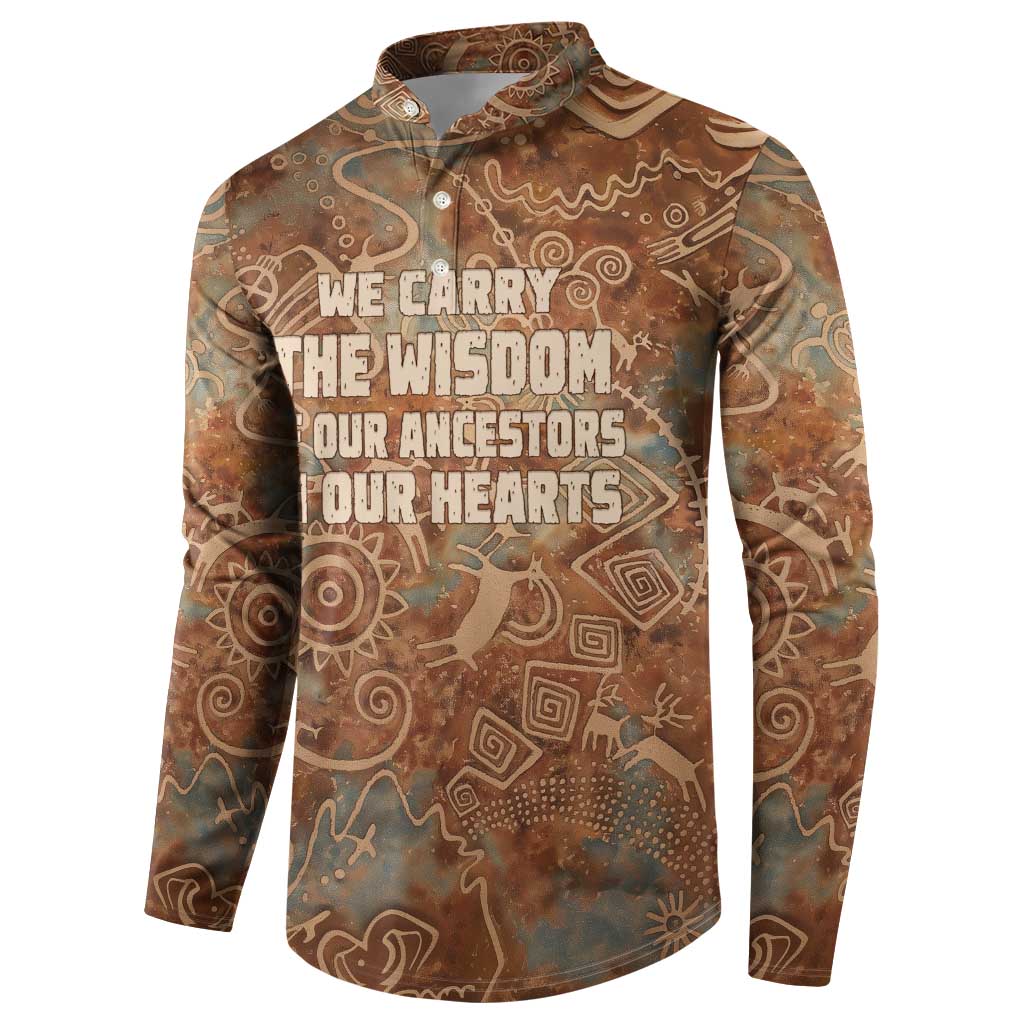 We Carry The Wisdom Button Sweatshirt African Ancient Symbols, Earthy Tones, and Ancestral Wisdom Quote - Wonder Print Shop