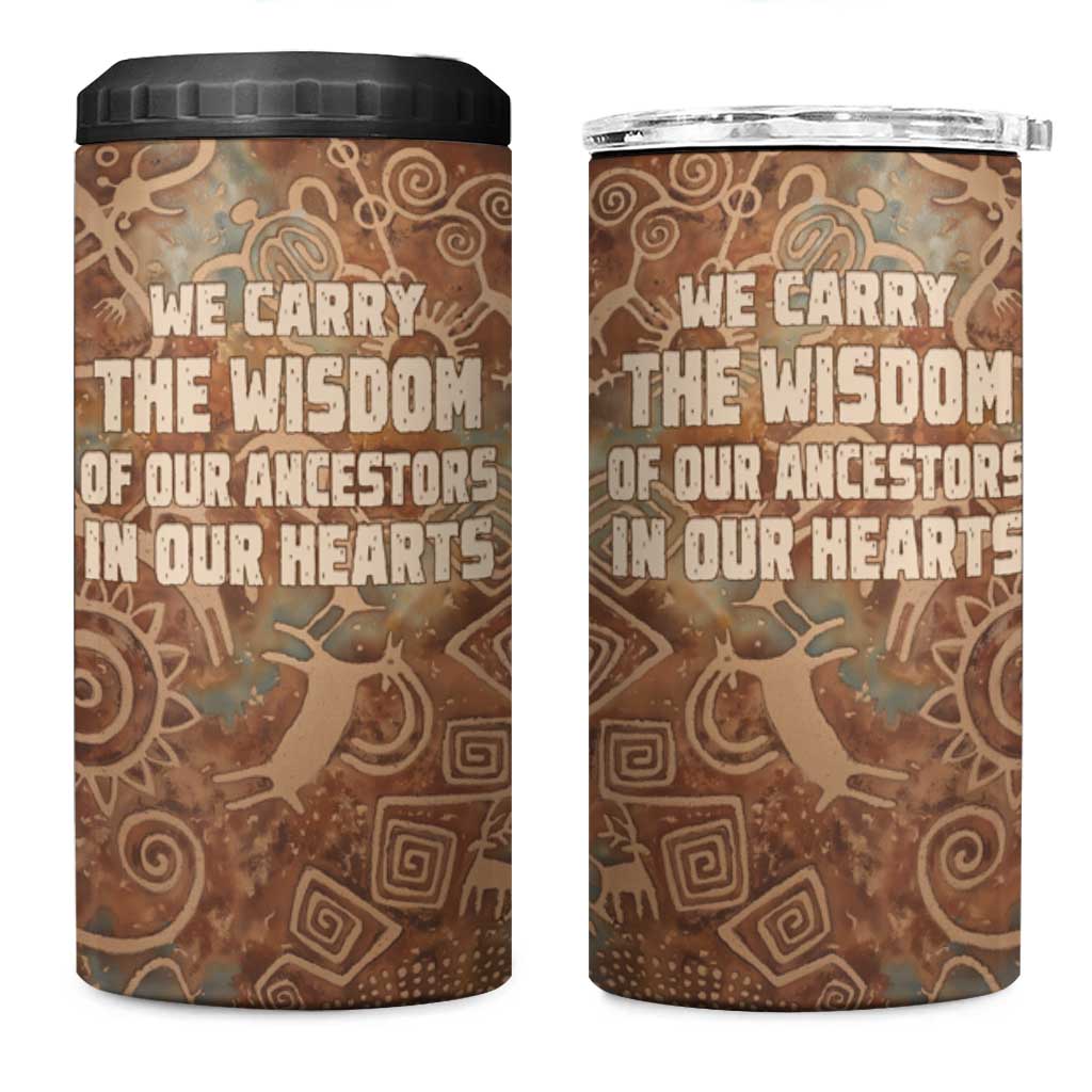 We Carry The Wisdom 4 in 1 Can Cooler Tumbler African Ancient Symbols, Earthy Tones, and Ancestral Wisdom Quote - Wonder Print Shop