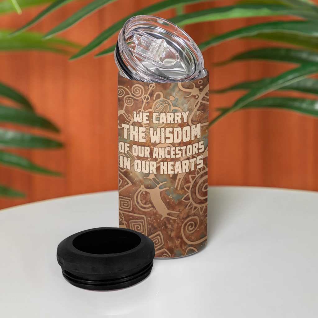 We Carry The Wisdom 4 in 1 Can Cooler Tumbler African Ancient Symbols, Earthy Tones, and Ancestral Wisdom Quote - Wonder Print Shop