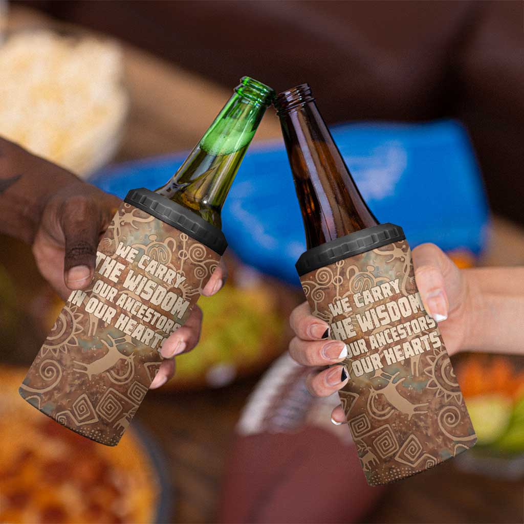 We Carry The Wisdom 4 in 1 Can Cooler Tumbler African Ancient Symbols, Earthy Tones, and Ancestral Wisdom Quote - Wonder Print Shop