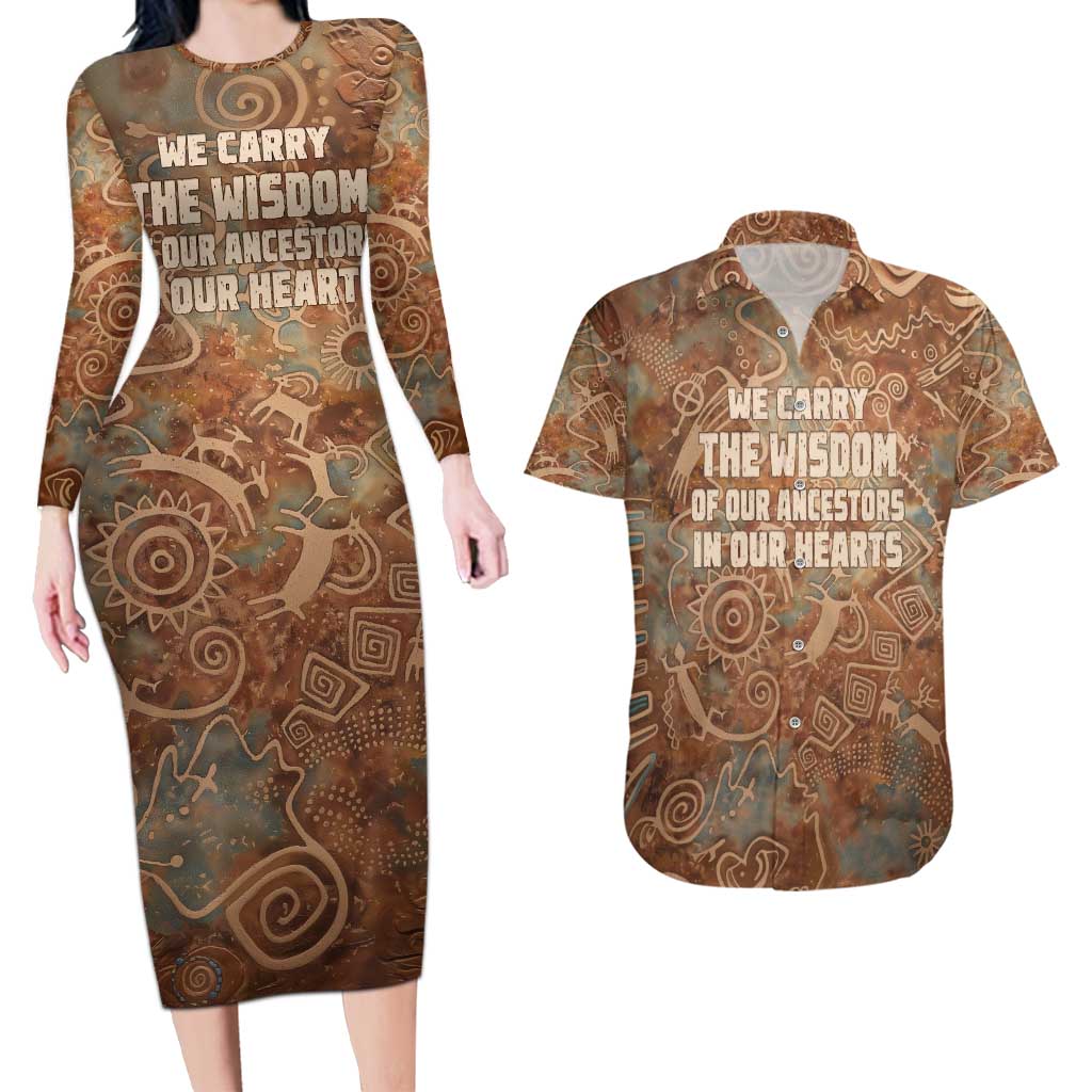 We Carry The Wisdom Couples Matching Long Sleeve Bodycon Dress and Hawaiian Shirt African Ancient Symbols, Earthy Tones, and Ancestral Wisdom Quote - Wonder Print Shop