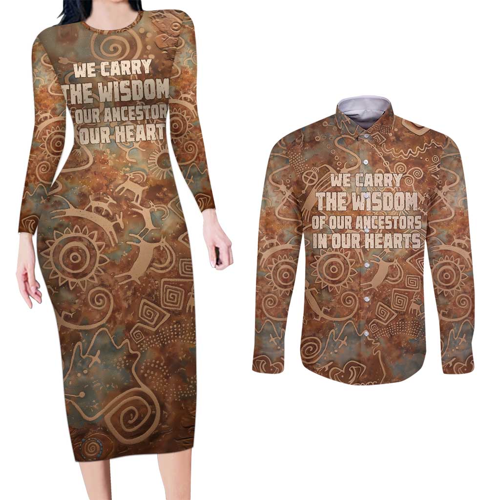 We Carry The Wisdom Couples Matching Long Sleeve Bodycon Dress and Long Sleeve Button Shirt African Ancient Symbols, Earthy Tones, and Ancestral Wisdom Quote - Wonder Print Shop