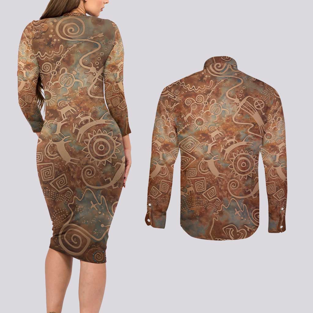 We Carry The Wisdom Couples Matching Long Sleeve Bodycon Dress and Long Sleeve Button Shirt African Ancient Symbols, Earthy Tones, and Ancestral Wisdom Quote - Wonder Print Shop