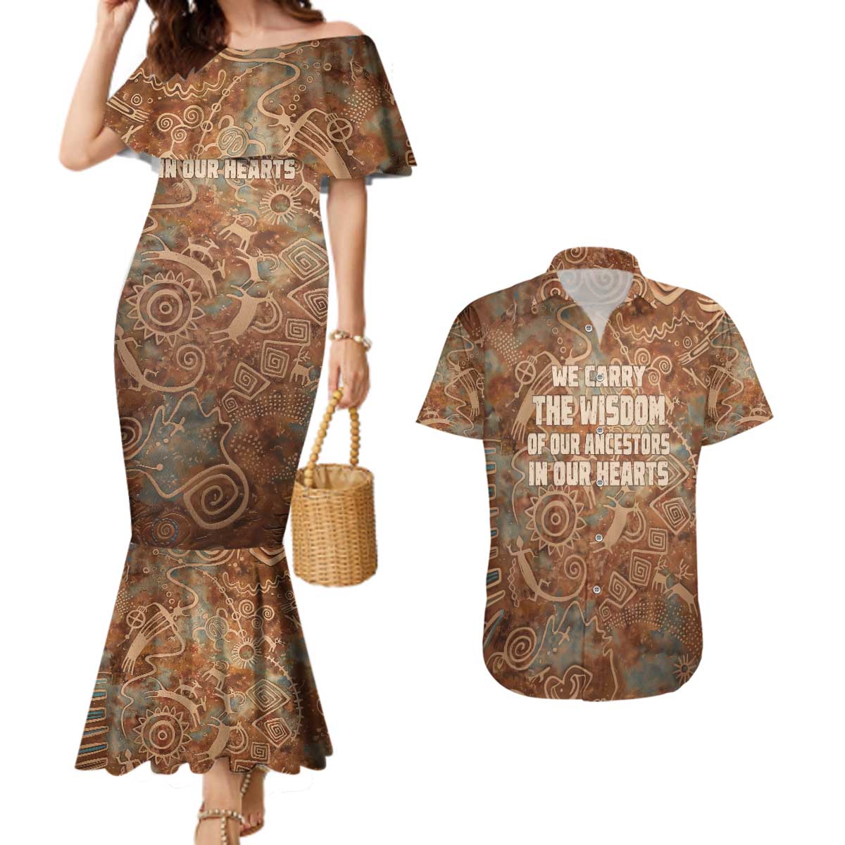 We Carry The Wisdom Couples Matching Mermaid Dress and Hawaiian Shirt African Ancient Symbols, Earthy Tones, and Ancestral Wisdom Quote - Wonder Print Shop