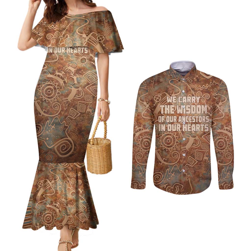 We Carry The Wisdom Couples Matching Mermaid Dress and Long Sleeve Button Shirt African Ancient Symbols, Earthy Tones, and Ancestral Wisdom Quote - Wonder Print Shop