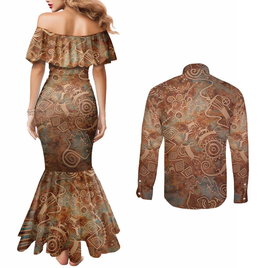 We Carry The Wisdom Couples Matching Mermaid Dress and Long Sleeve Button Shirt African Ancient Symbols, Earthy Tones, and Ancestral Wisdom Quote - Wonder Print Shop