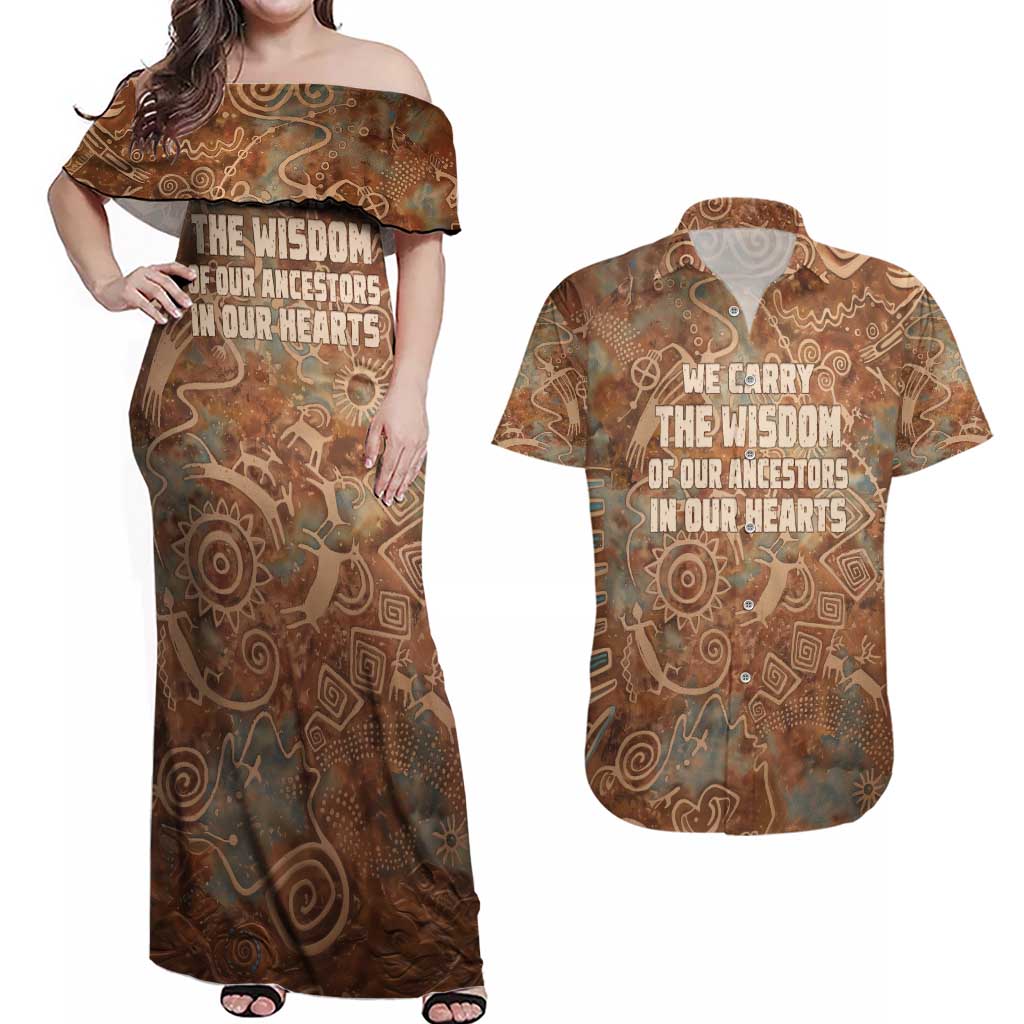 We Carry The Wisdom Couples Matching Off Shoulder Maxi Dress and Hawaiian Shirt African Ancient Symbols, Earthy Tones, and Ancestral Wisdom Quote - Wonder Print Shop