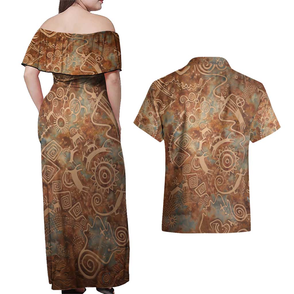 We Carry The Wisdom Couples Matching Off Shoulder Maxi Dress and Hawaiian Shirt African Ancient Symbols, Earthy Tones, and Ancestral Wisdom Quote - Wonder Print Shop