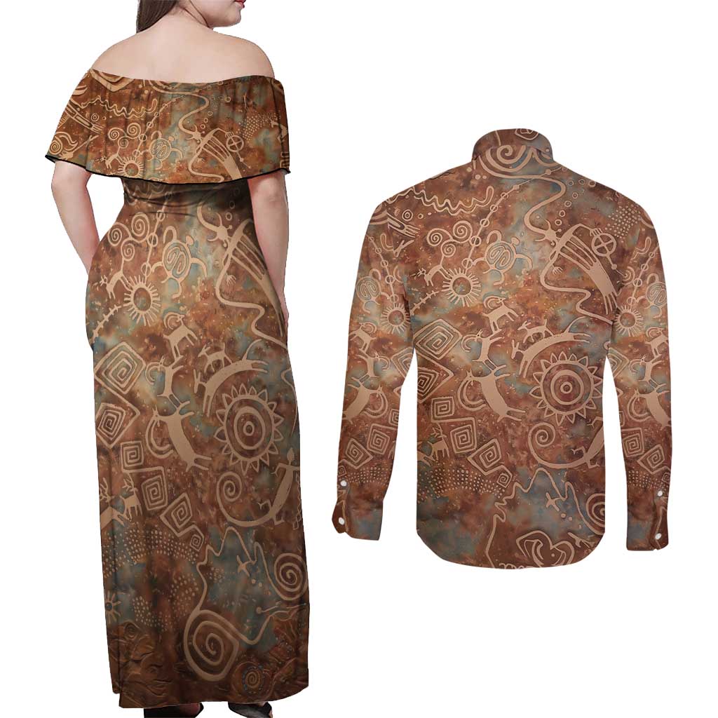 We Carry The Wisdom Couples Matching Off Shoulder Maxi Dress and Long Sleeve Button Shirt African Ancient Symbols, Earthy Tones, and Ancestral Wisdom Quote - Wonder Print Shop
