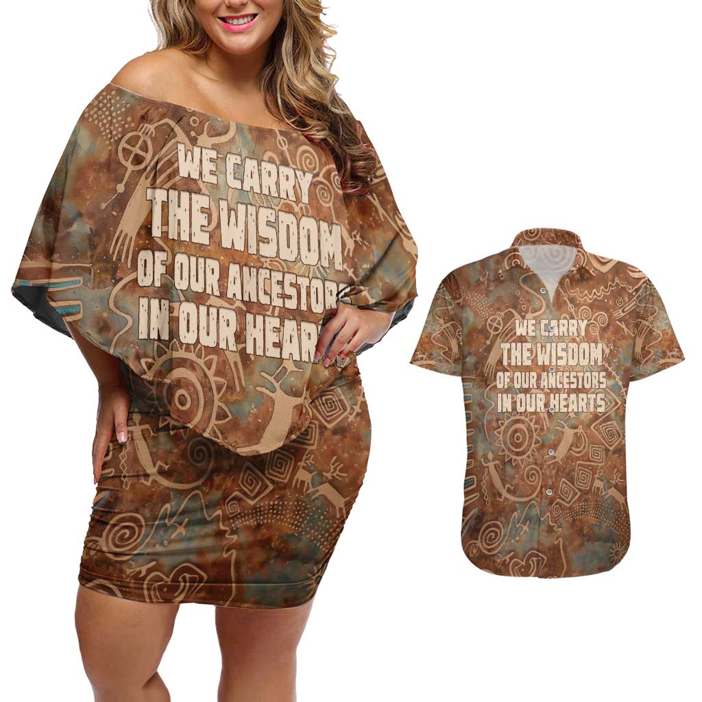 We Carry The Wisdom Couples Matching Off Shoulder Short Dress and Hawaiian Shirt African Ancient Symbols, Earthy Tones, and Ancestral Wisdom Quote - Wonder Print Shop