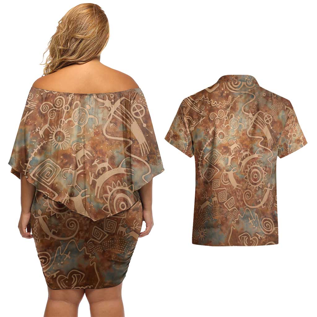 We Carry The Wisdom Couples Matching Off Shoulder Short Dress and Hawaiian Shirt African Ancient Symbols, Earthy Tones, and Ancestral Wisdom Quote - Wonder Print Shop