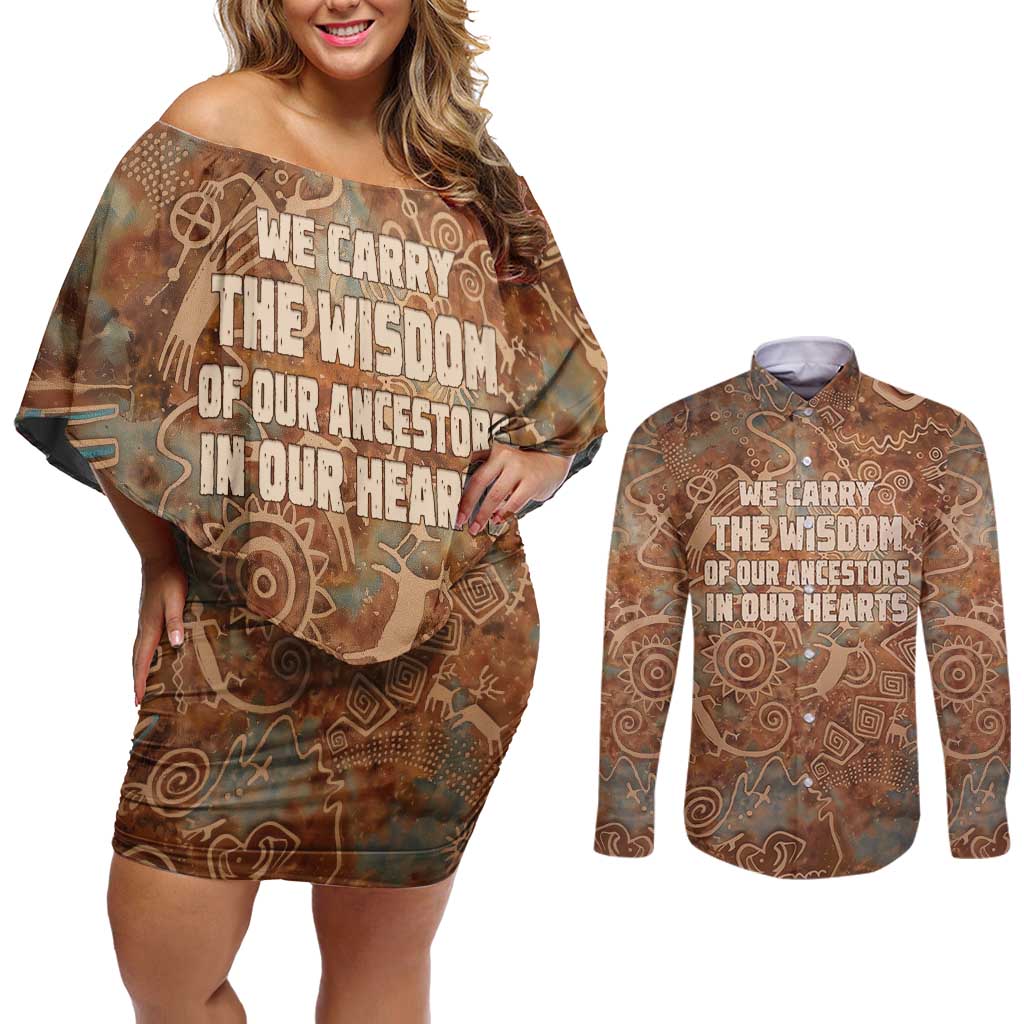 We Carry The Wisdom Couples Matching Off Shoulder Short Dress and Long Sleeve Button Shirt African Ancient Symbols, Earthy Tones, and Ancestral Wisdom Quote - Wonder Print Shop