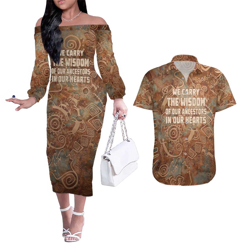 We Carry The Wisdom Couples Matching Off The Shoulder Long Sleeve Dress and Hawaiian Shirt African Ancient Symbols, Earthy Tones, and Ancestral Wisdom Quote - Wonder Print Shop