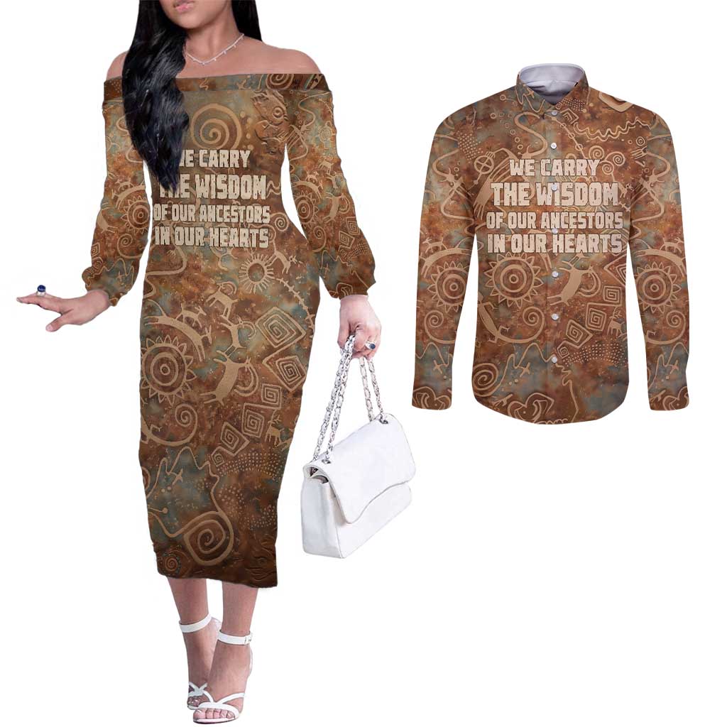 We Carry The Wisdom Couples Matching Off The Shoulder Long Sleeve Dress and Long Sleeve Button Shirt African Ancient Symbols, Earthy Tones, and Ancestral Wisdom Quote - Wonder Print Shop