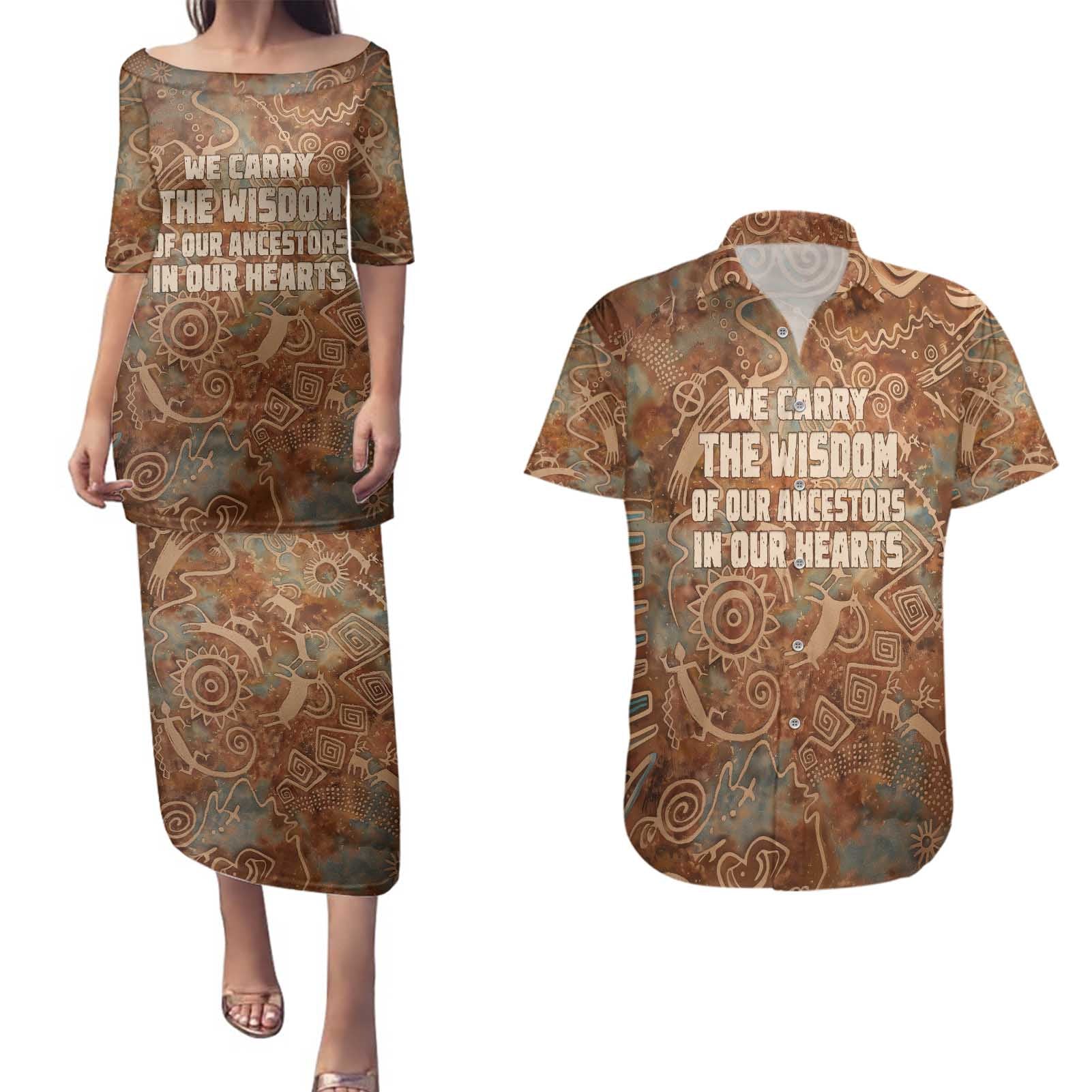We Carry The Wisdom Couples Matching Puletasi and Hawaiian Shirt African Ancient Symbols, Earthy Tones, and Ancestral Wisdom Quote - Wonder Print Shop