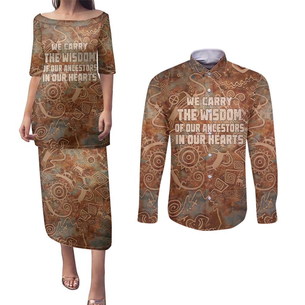 We Carry The Wisdom Couples Matching Puletasi and Long Sleeve Button Shirt African Ancient Symbols, Earthy Tones, and Ancestral Wisdom Quote - Wonder Print Shop