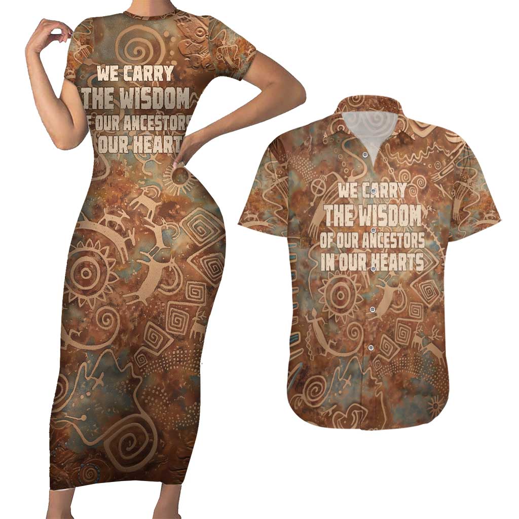 We Carry The Wisdom Couples Matching Short Sleeve Bodycon Dress and Hawaiian Shirt African Ancient Symbols, Earthy Tones, and Ancestral Wisdom Quote - Wonder Print Shop