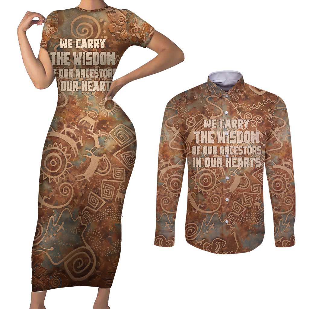 We Carry The Wisdom Couples Matching Short Sleeve Bodycon Dress and Long Sleeve Button Shirt African Ancient Symbols, Earthy Tones, and Ancestral Wisdom Quote - Wonder Print Shop
