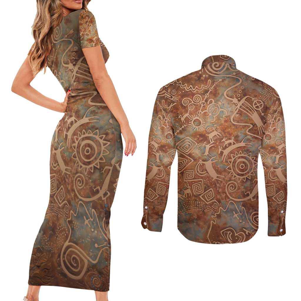 We Carry The Wisdom Couples Matching Short Sleeve Bodycon Dress and Long Sleeve Button Shirt African Ancient Symbols, Earthy Tones, and Ancestral Wisdom Quote - Wonder Print Shop