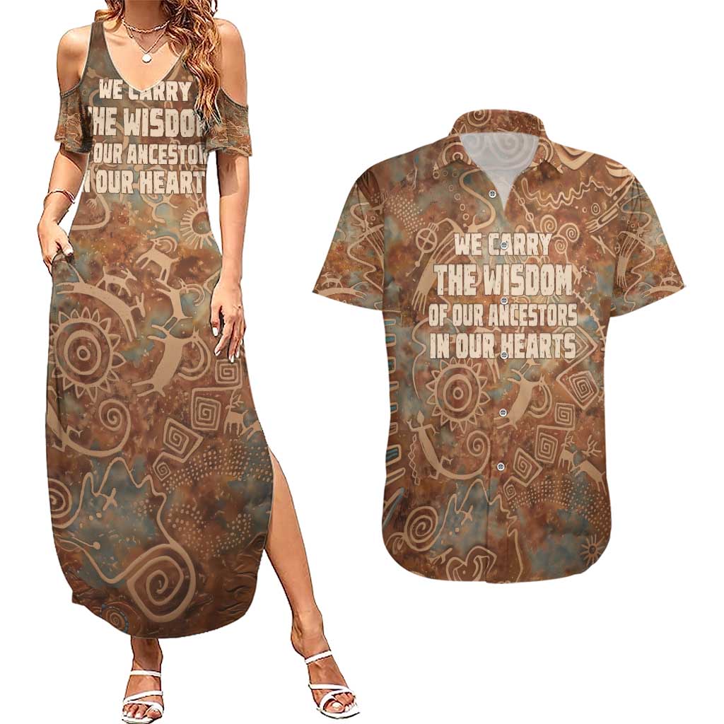 We Carry The Wisdom Couples Matching Summer Maxi Dress and Hawaiian Shirt African Ancient Symbols, Earthy Tones, and Ancestral Wisdom Quote - Wonder Print Shop