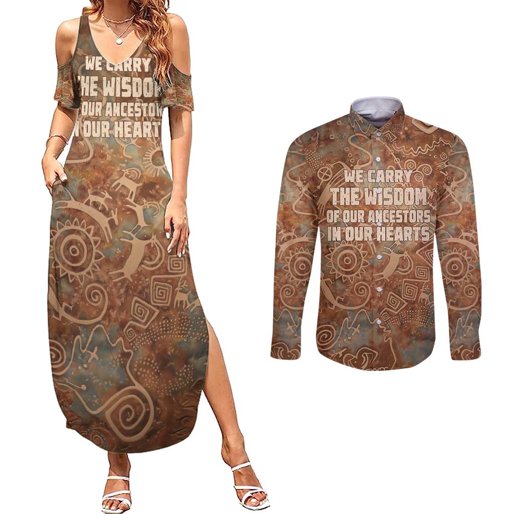 We Carry The Wisdom Couples Matching Summer Maxi Dress and Long Sleeve Button Shirt African Ancient Symbols, Earthy Tones, and Ancestral Wisdom Quote - Wonder Print Shop