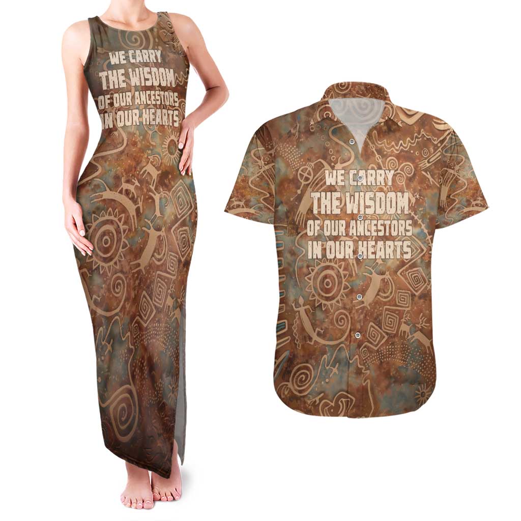 We Carry The Wisdom Couples Matching Tank Maxi Dress and Hawaiian Shirt African Ancient Symbols, Earthy Tones, and Ancestral Wisdom Quote - Wonder Print Shop