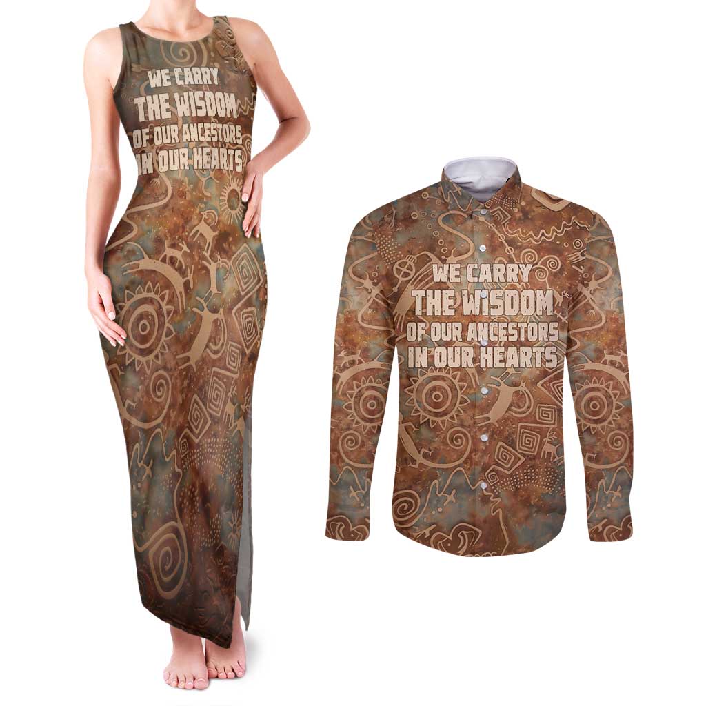 We Carry The Wisdom Couples Matching Tank Maxi Dress and Long Sleeve Button Shirt African Ancient Symbols, Earthy Tones, and Ancestral Wisdom Quote - Wonder Print Shop