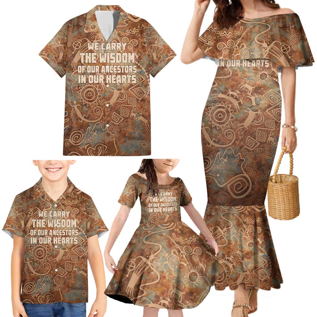We Carry The Wisdom Family Matching Mermaid Dress and Hawaiian Shirt African Ancient Symbols, Earthy Tones, and Ancestral Wisdom Quote - Wonder Print Shop
